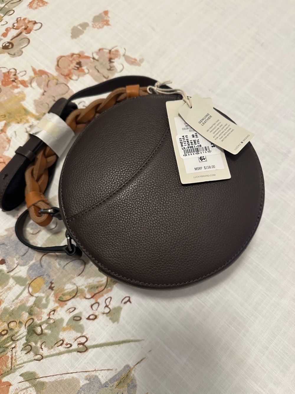 Lucky Brand Round Crossbody Bag in Dark Brown with Tan Braided Handle - Picture 3 of 4